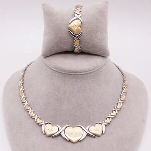 Elegant Gold and Silver Two Tone XOXO Heart Jewelry Set
